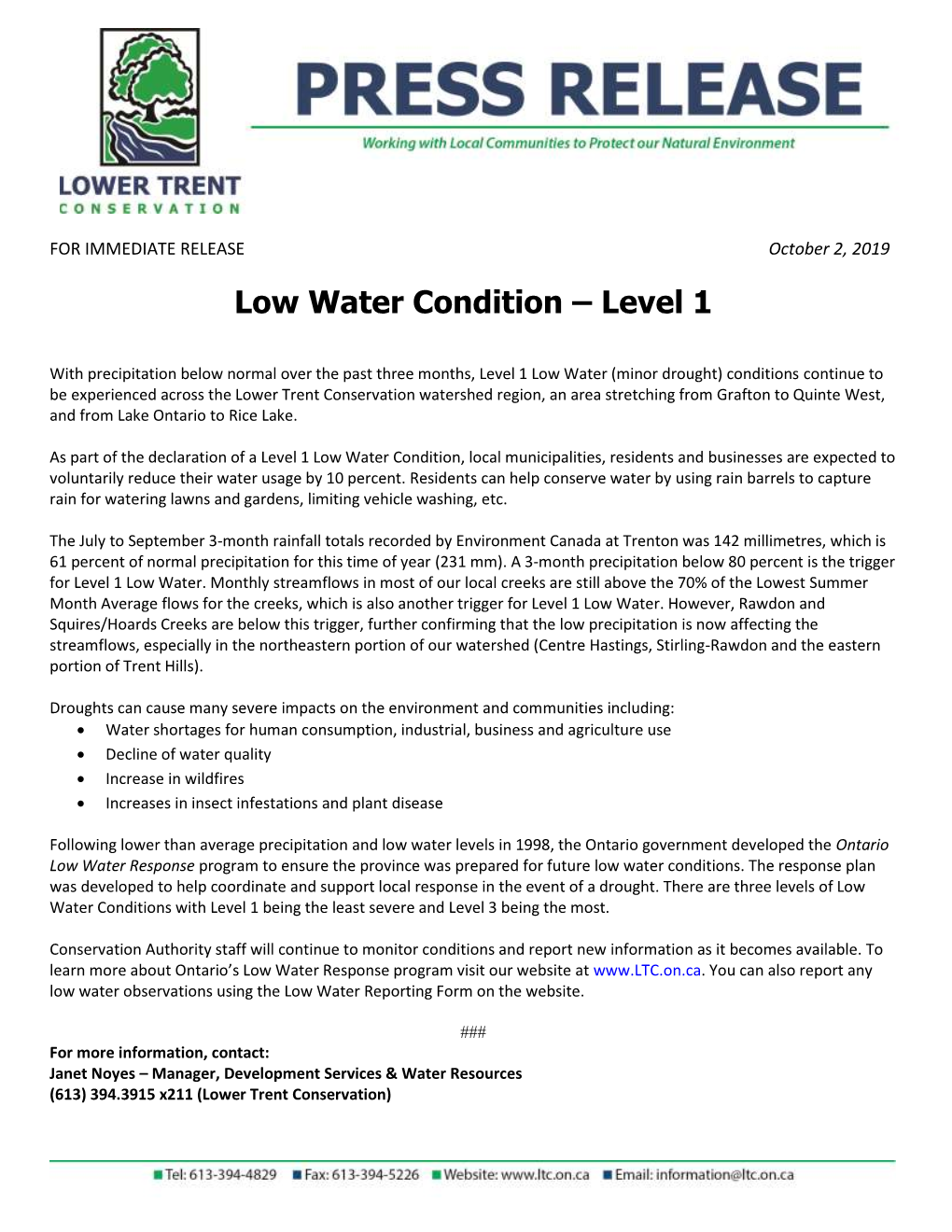 Low Water Condition – Level 1