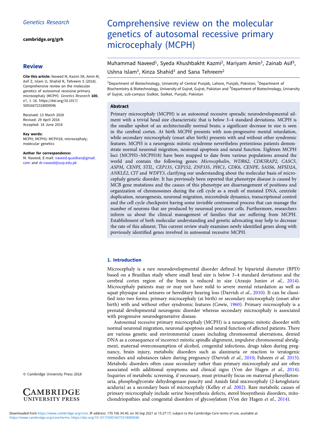 Comprehensive Review on the Molecular Genetics of Autosomal Recessive Primary Cambridge.Org/Grh Microcephaly (MCPH)
