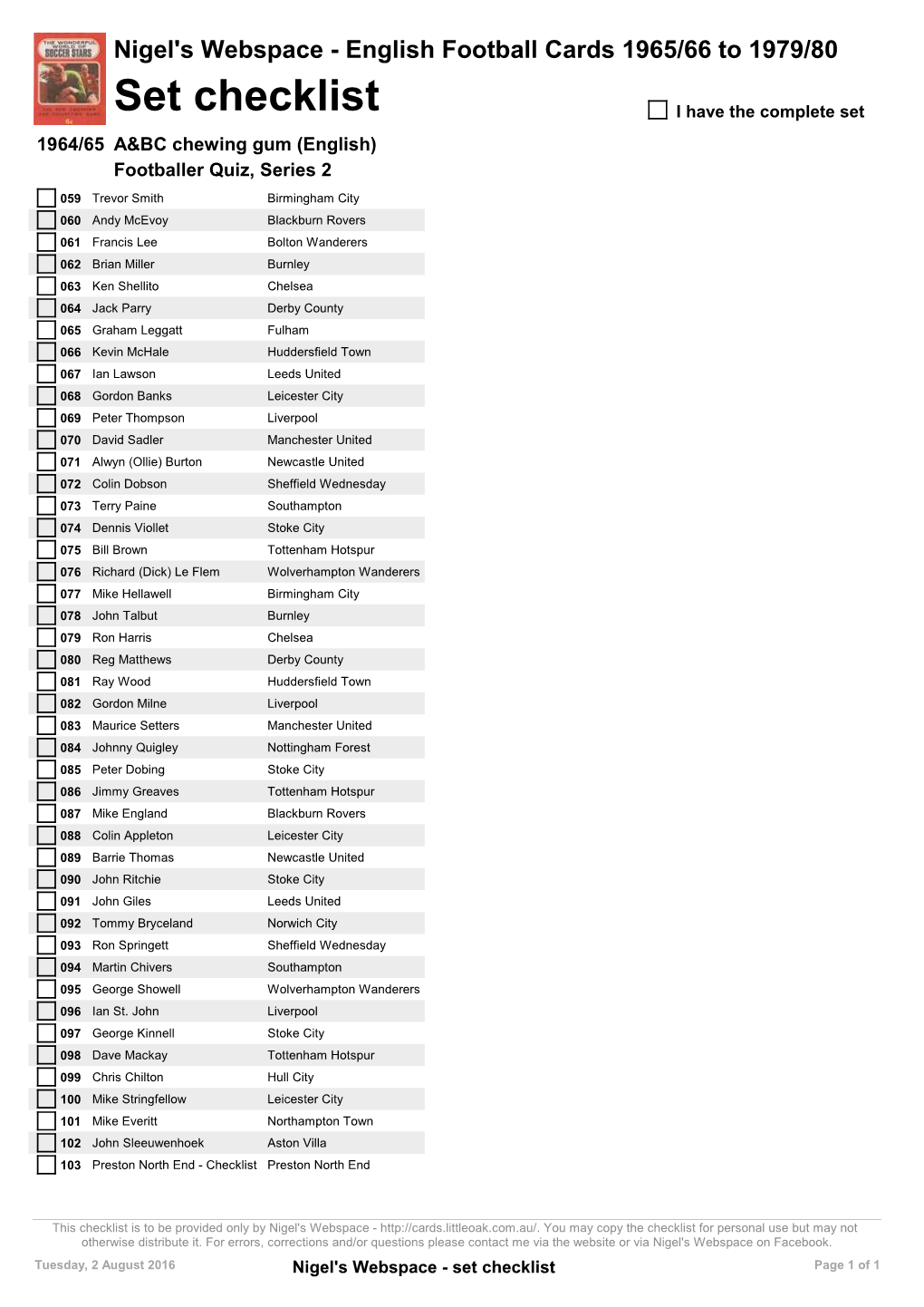 Set Checklist I Have the Complete Set 1964/65 A&BC Chewing Gum (English) Footballer Quiz, Series 2