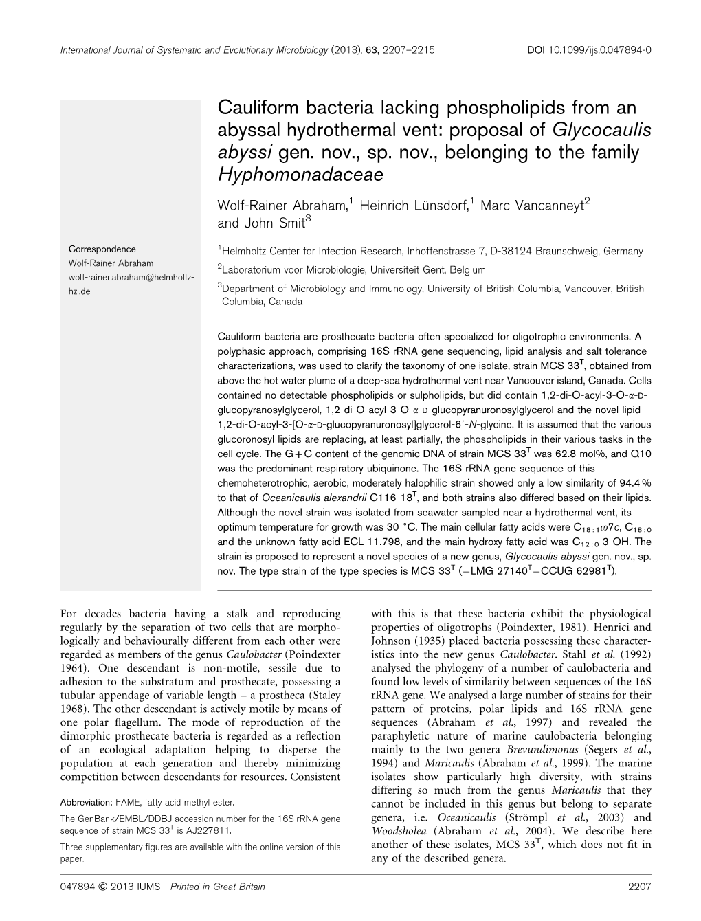 Proposal of Glycocaulis Abyssi Gen. Nov., Sp. Nov., Belonging to the Family Hyphomonadaceae
