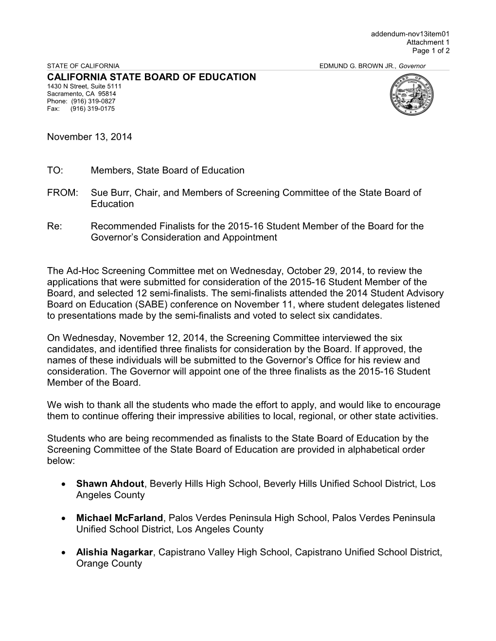 November 2014 Agenda Item 11 Addendum 03 Attachment 1 - Meeting Agendas (CA State Board Of Education)