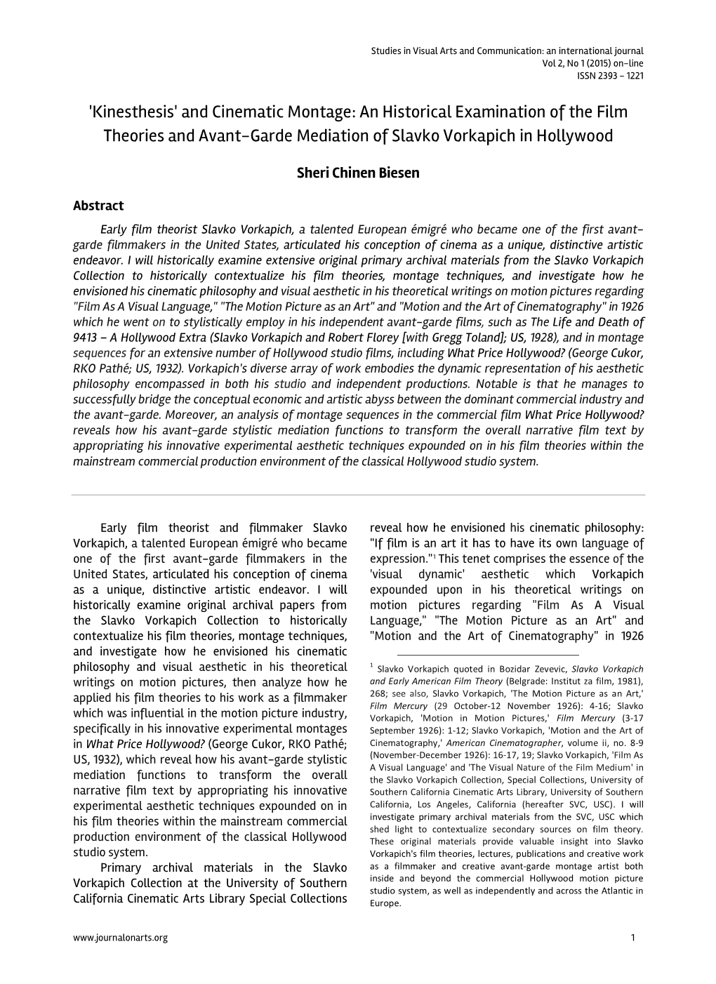 And Cinematic Montage: an Historical Examination of the Film Theories and Avant-Garde Mediation of Slavko Vorkapich in Hollywood