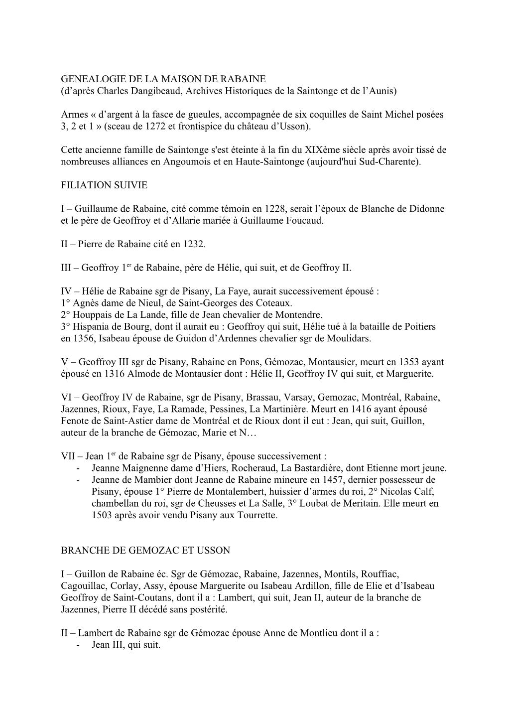 GENEALOGIE DE LA MAISON DE RABAINE (D’Après Charles Dangibeaud, Archives Historiques De La Saintonge Et De L’Aunis)