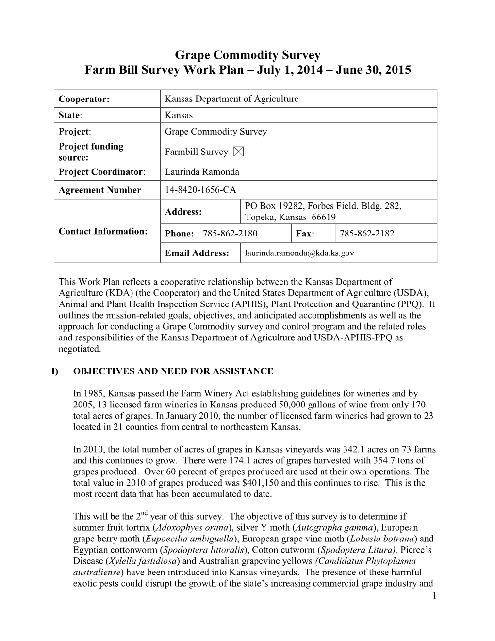 Grape Commodity Survey Farm Bill Survey Work Plan – July 1, 2014 – June 30, 2015