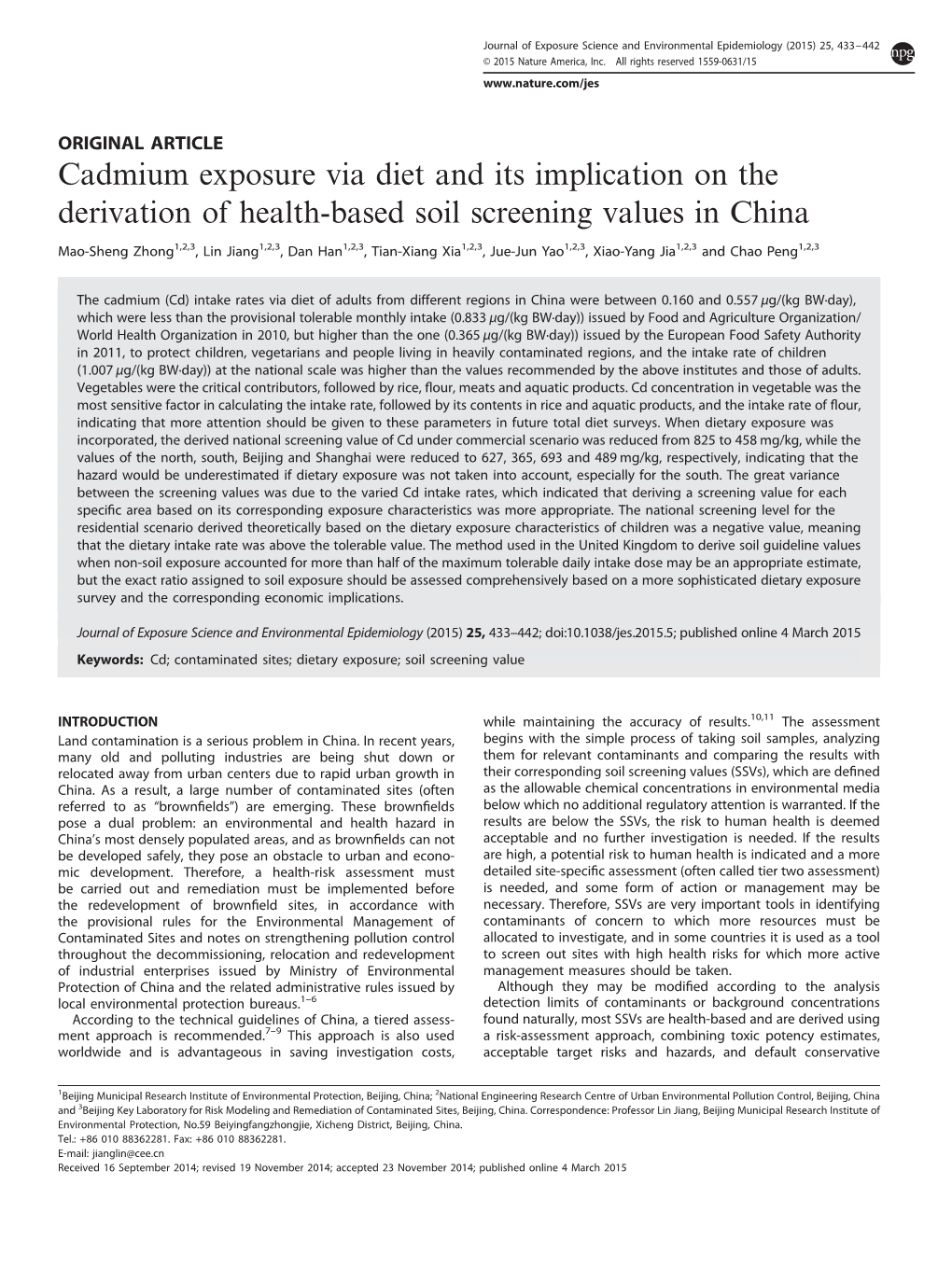 Cadmium Exposure Via Diet and Its Implication on the Derivation of Health-Based Soil Screening Values in China
