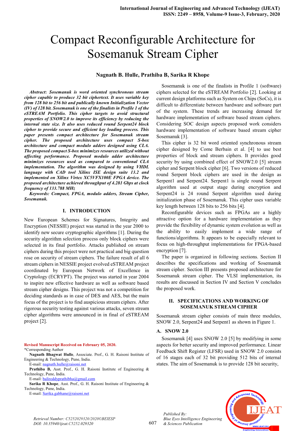 Compact Reconfigurable Architecture for Sosemanuk Stream Cipher