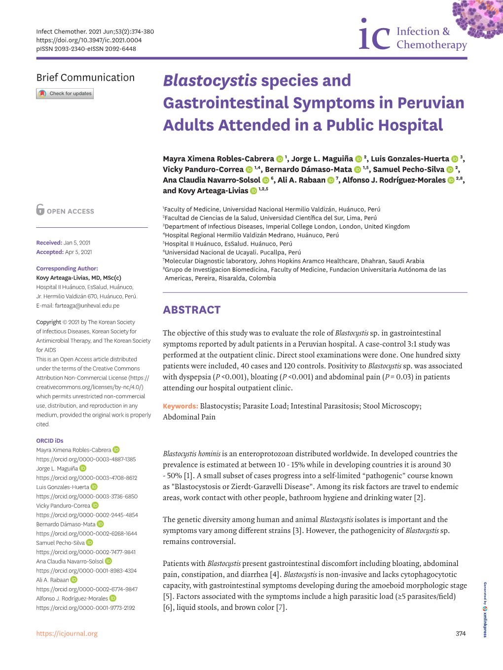 Blastocystis Species and Gastrointestinal Symptoms in Peruvian Adults Attended in a Public Hospital