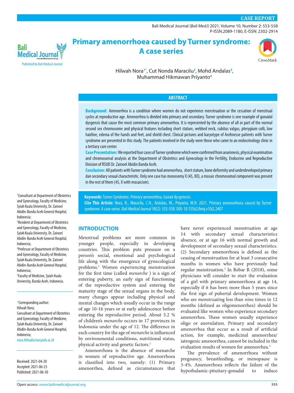 Primary Amenorrhoea Caused by Turner Syndrome: a Case Series