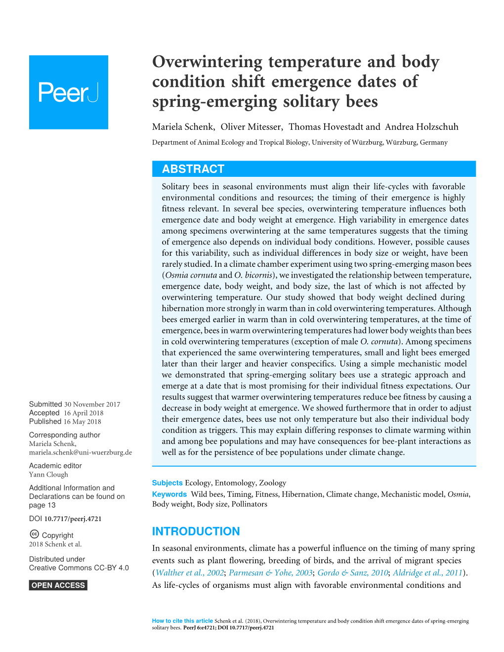 Overwintering Temperature and Body Condition Shift Emergence Dates of Spring-Emerging Solitary Bees