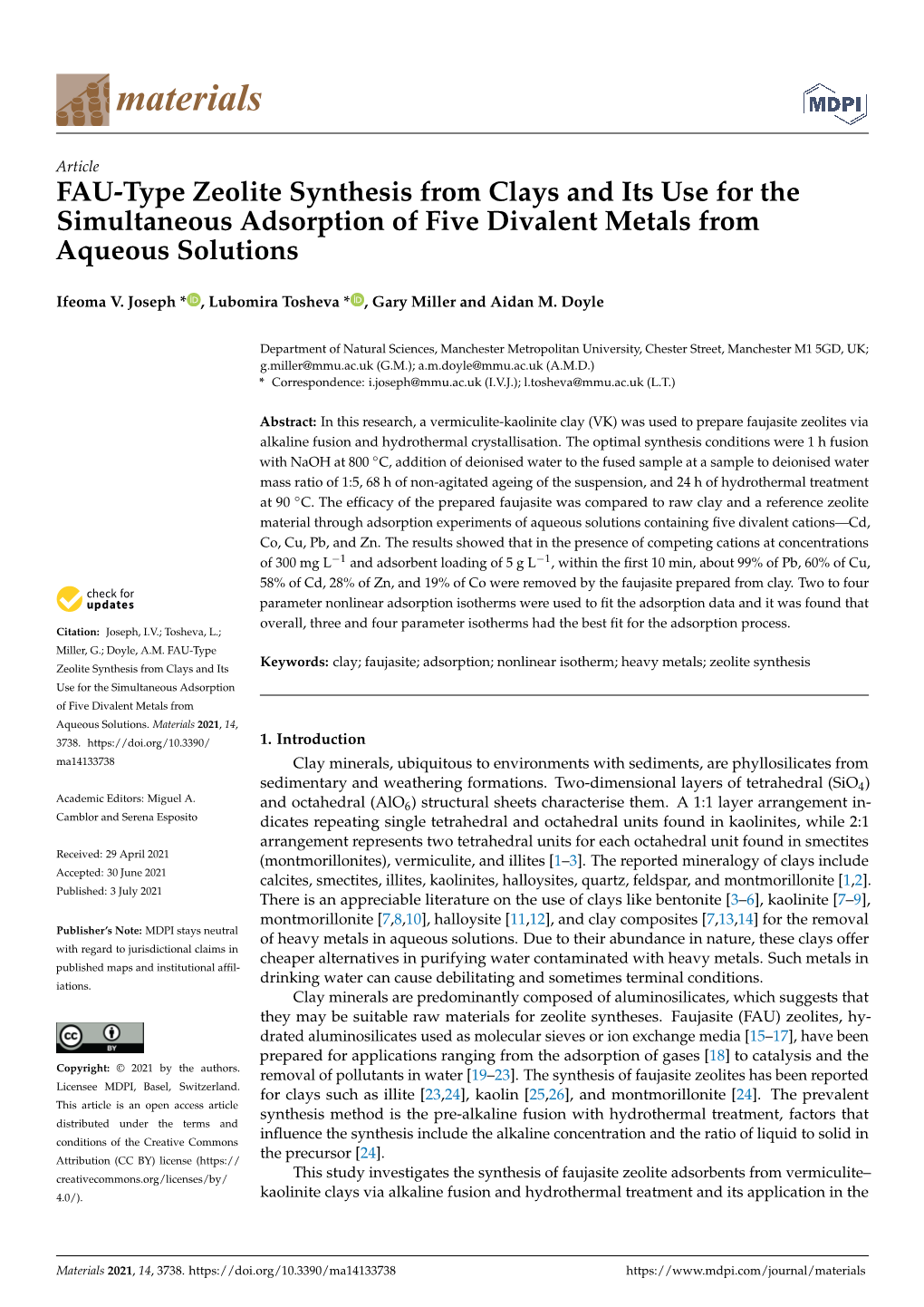 FAU-Type Zeolite Synthesis from Clays and Its Use for the Simultaneous Adsorption of Five Divalent Metals from Aqueous Solutions