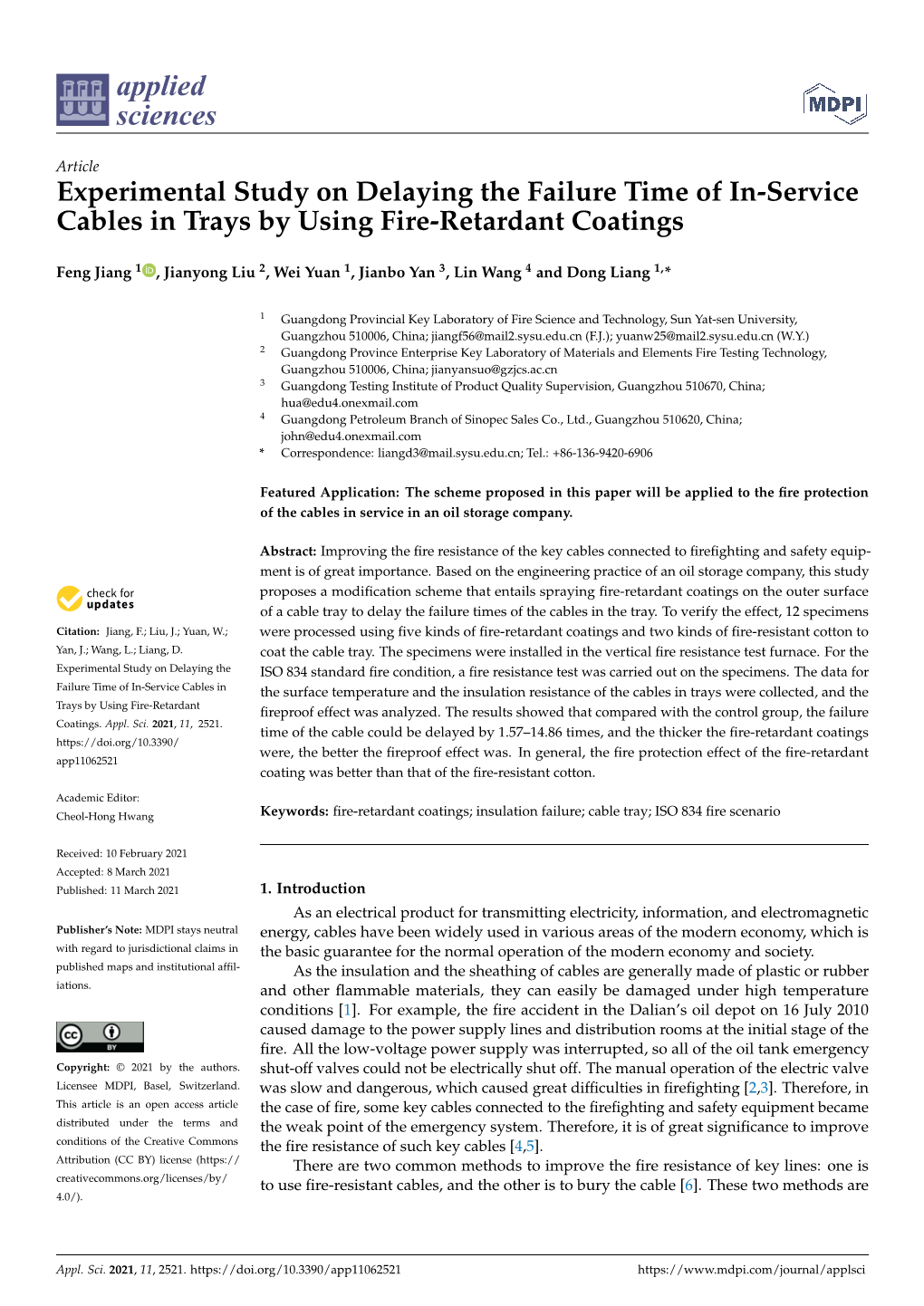 Experimental Study on Delaying the Failure Time of In-Service Cables in Trays by Using Fire-Retardant Coatings