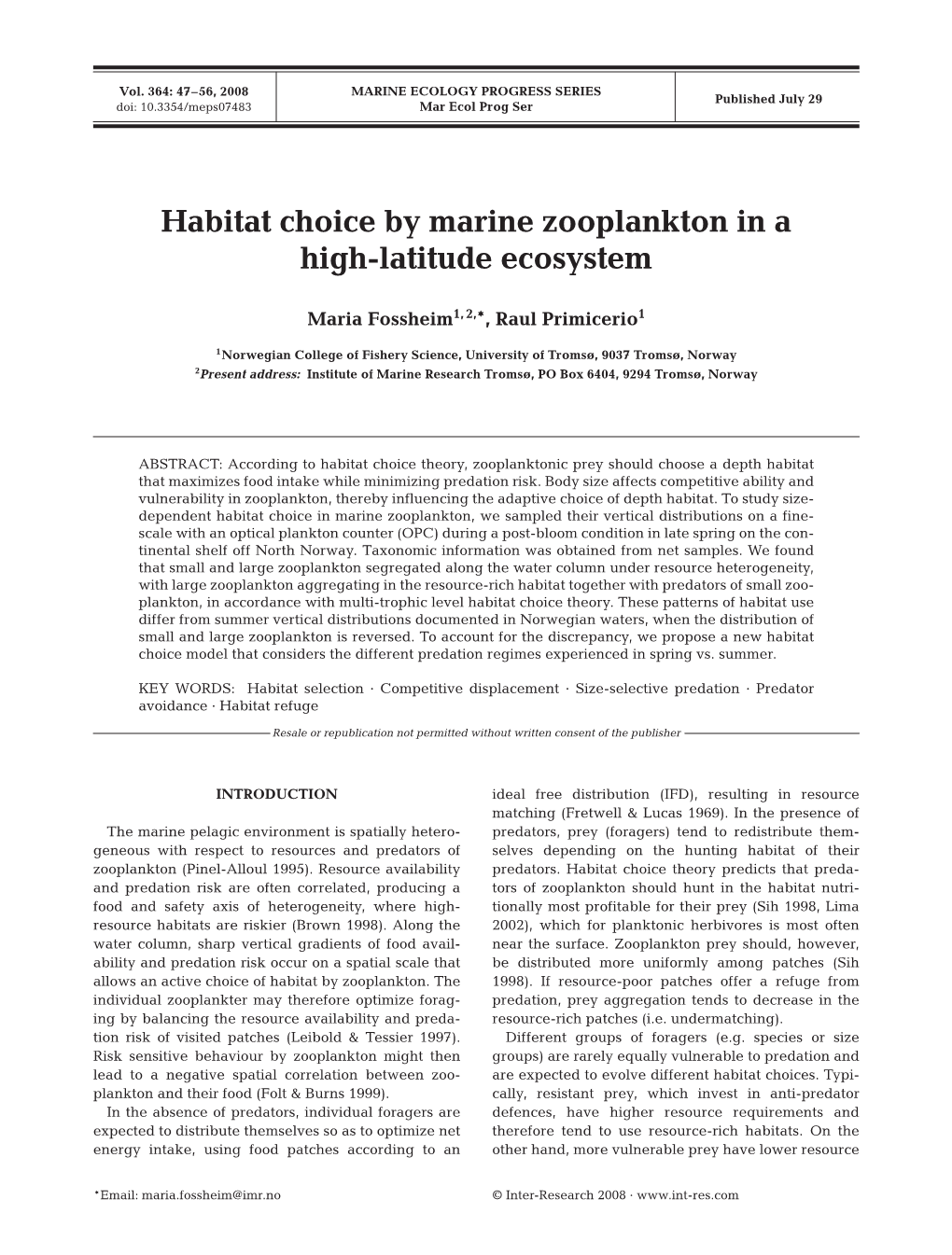 Habitat Choice by Marine Zooplankton in a High-Latitude Ecosystem