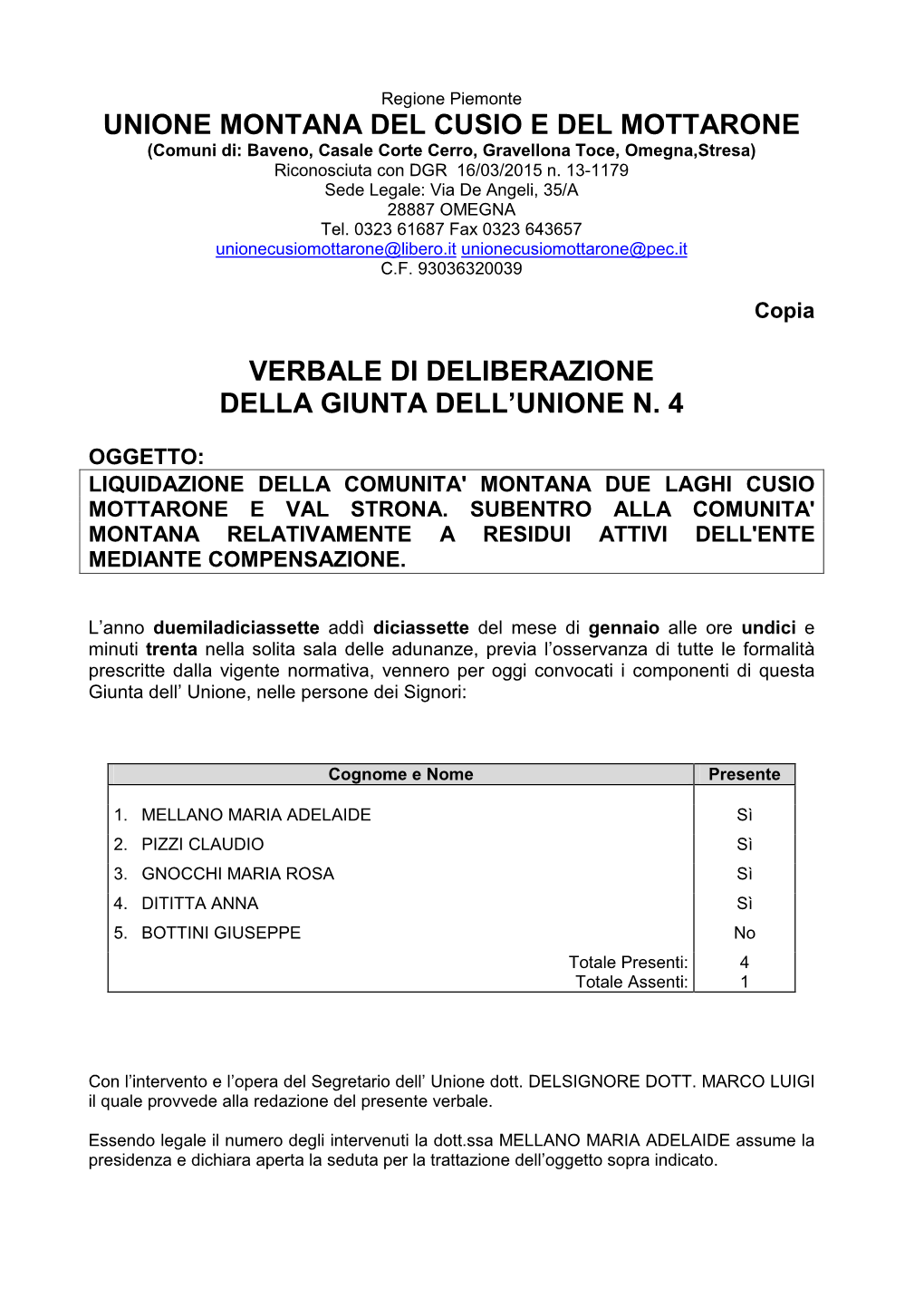 Unione Montana Del Cusio E Del Mottarone Verbale Di