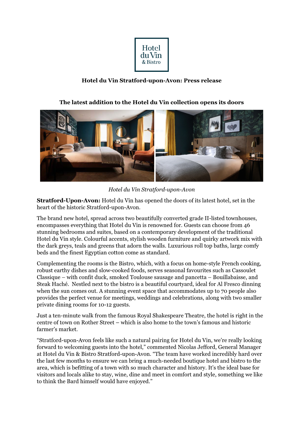 Hotel Du Vin Stratford-Upon-Avon: Press Release the Latest Addition To