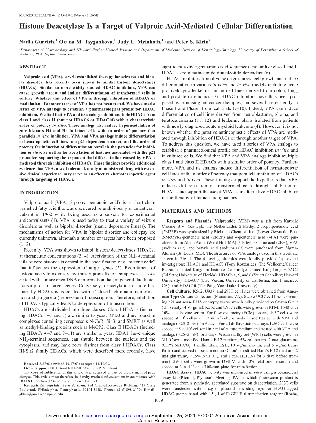 Histone Deacetylase Is a Target of Valproic Acid-Mediated Cellular Differentiation