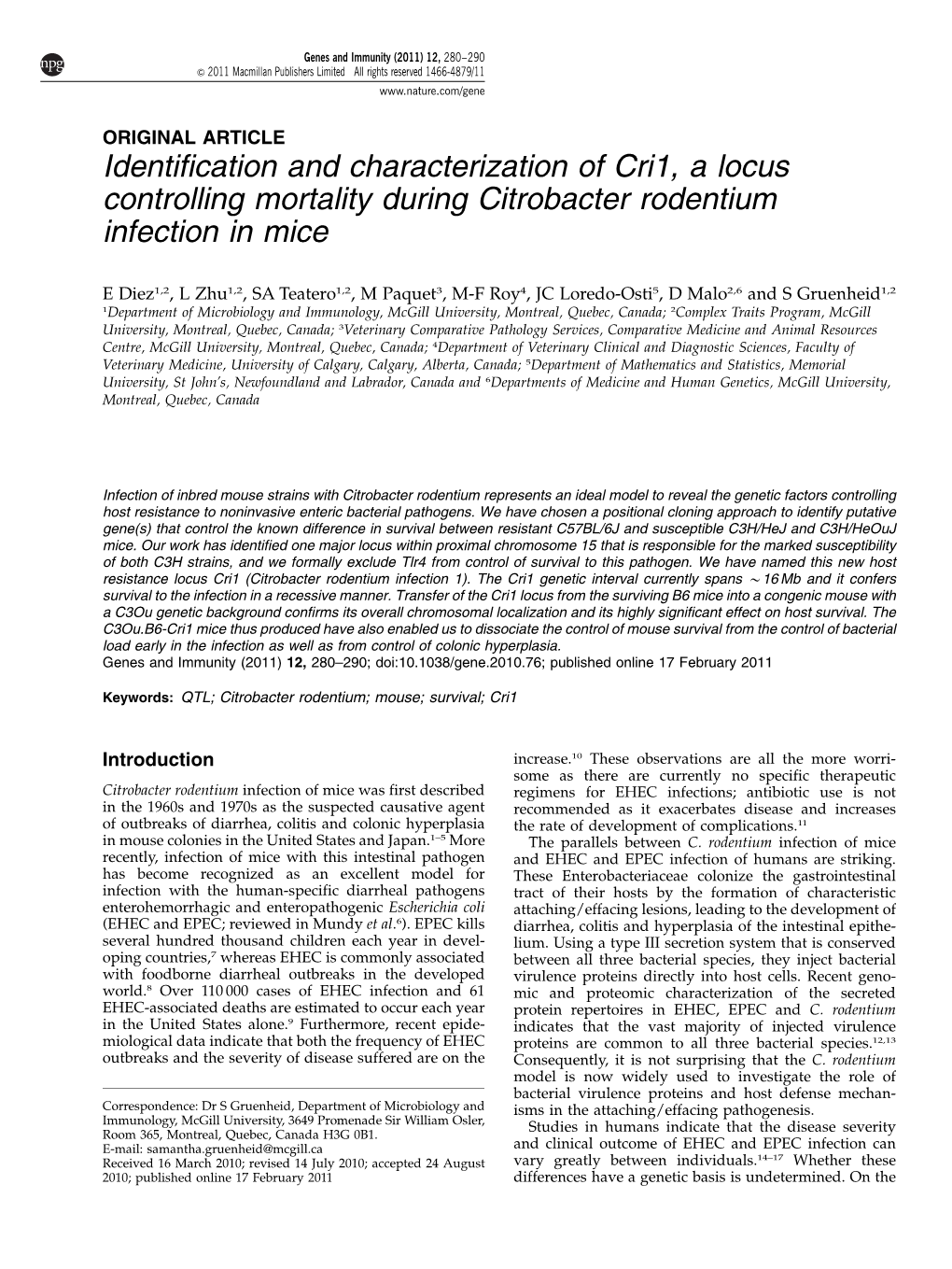 Identification and Characterization of Cri1, a Locus Controlling Mortality During Citrobacter Rodentium Infection in Mice