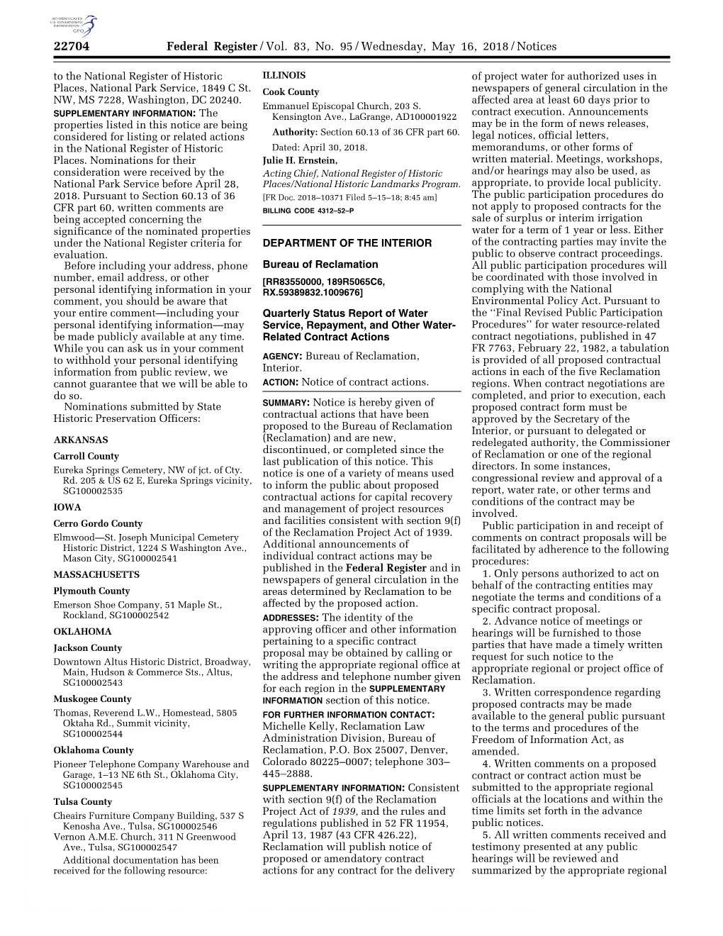 Federal Register/Vol. 83, No. 95/Wednesday, May 16, 2018/Notices