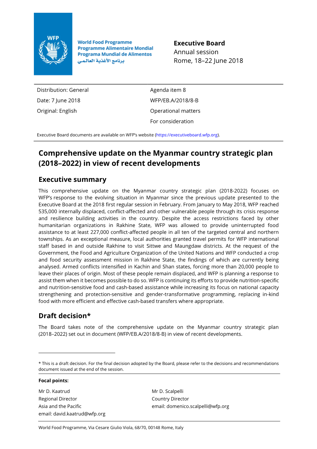 Comprehensive Update on the Myanmar Country Strategic Plan (2018–2022) in View of Recent Developments