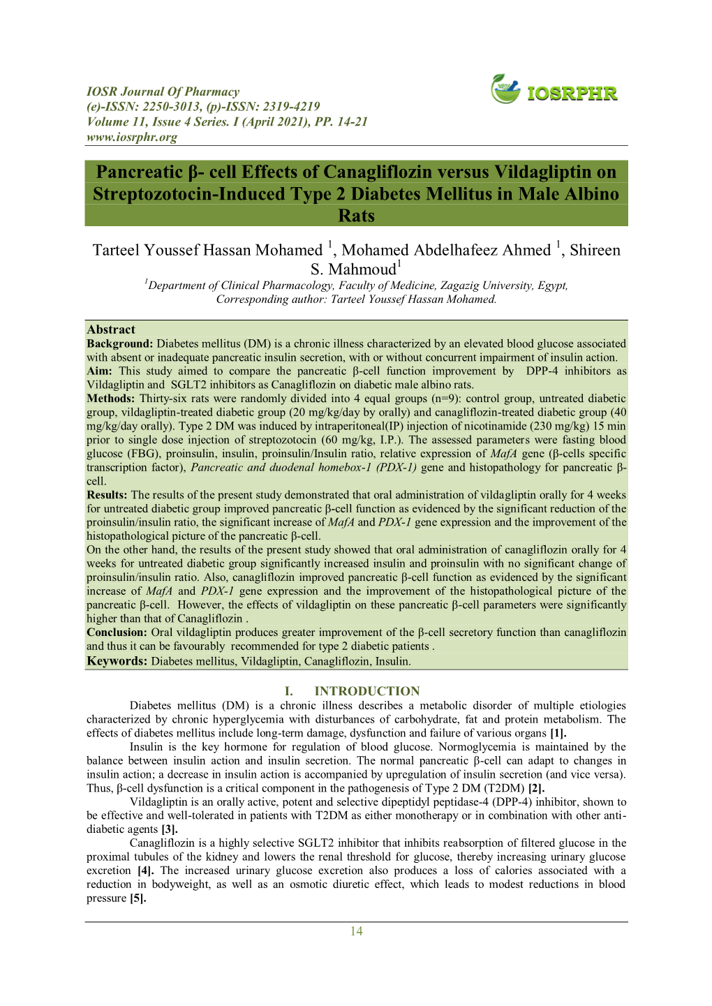 Pancreatic Β- Cell Effects of Canagliflozin Versus Vildagliptin on Streptozotocin-Induced Type 2 Diabetes Mellitus in Male Albino Rats