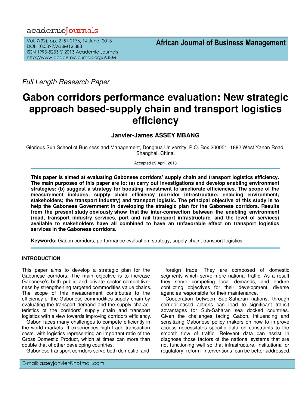 Gabon Corridors Performance Evaluation: New Strategic Approach Based-Supply Chain and Transport Logistics Efficiency