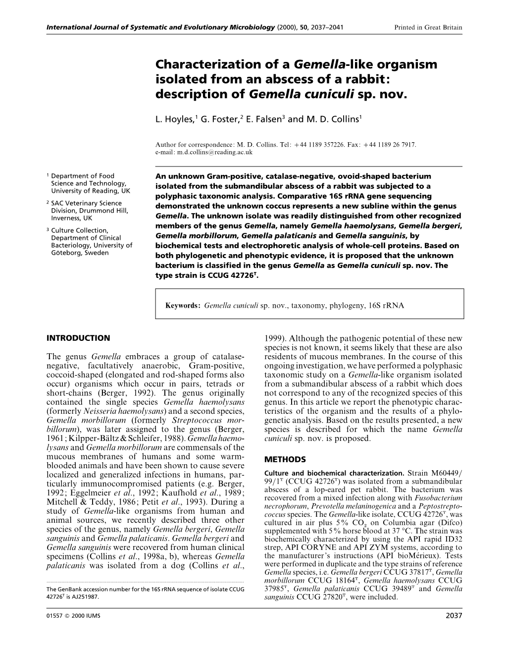 Description of Gemella Cuniculi Sp. Nov