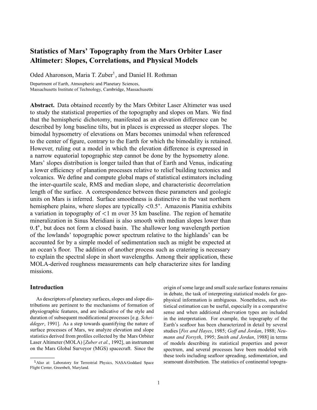 Statistics of Mars' Topography from the Mars Orbiter Laser Altimeter