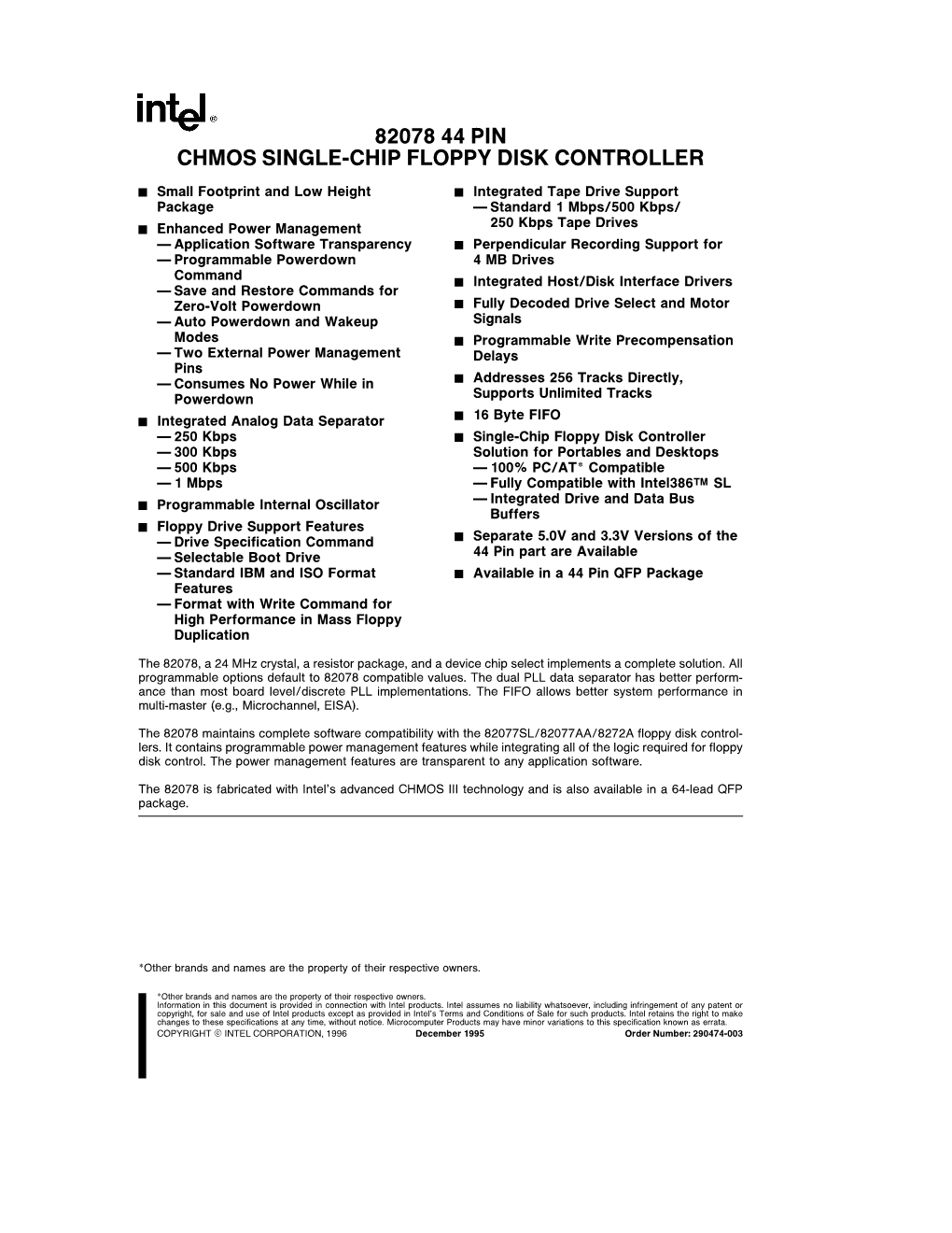 82078 44 Pin Chmos Single-Chip Floppy Disk Controller