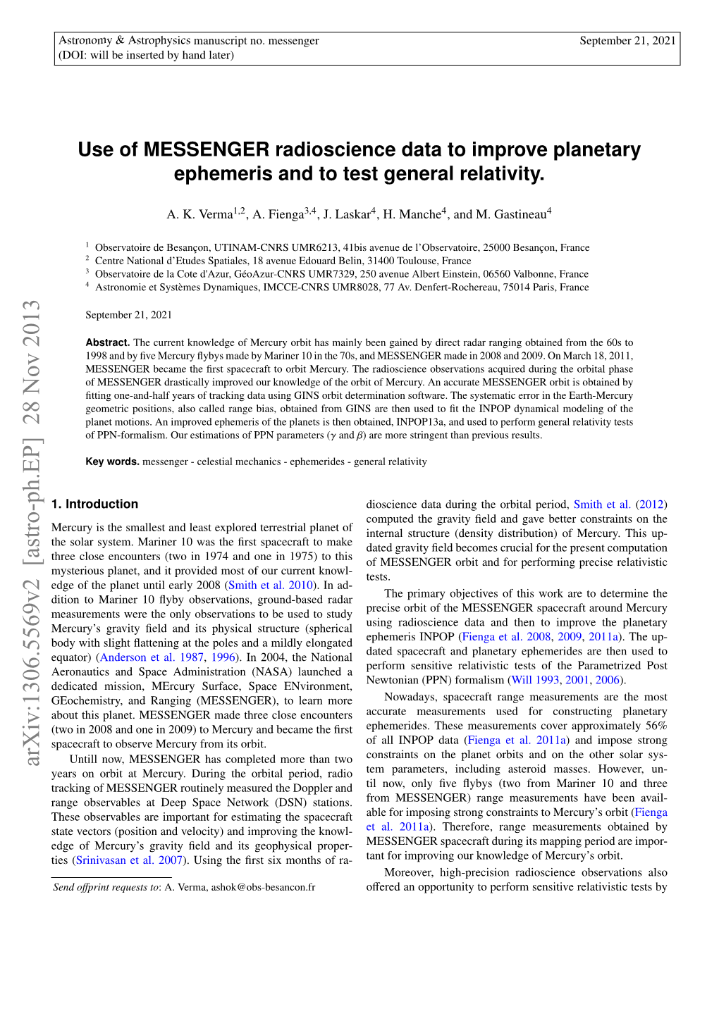 Use of MESSENGER Radioscience Data to Improve Planetary Ephemeris and to Test General Relativity