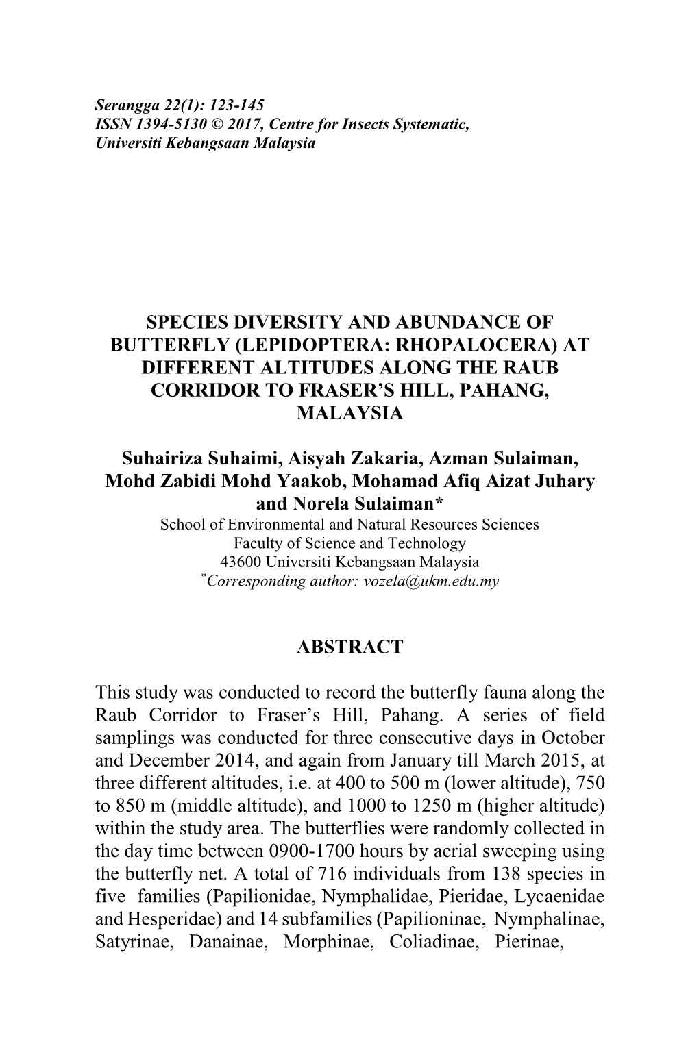 Species Diversity and Abundance of Butterfly (Lepidoptera: Rhopalocera) at Different Altitudes Along the Raub Corridor to Fraser’S Hill, Pahang, Malaysia