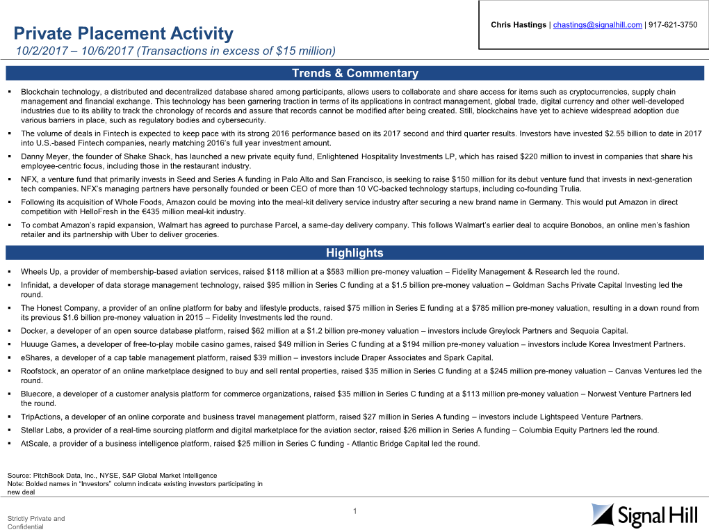 Private Placement Activity 10/2/2017 – 10/6/2017 (Transactions in Excess of $15 Million) Trends & Commentary