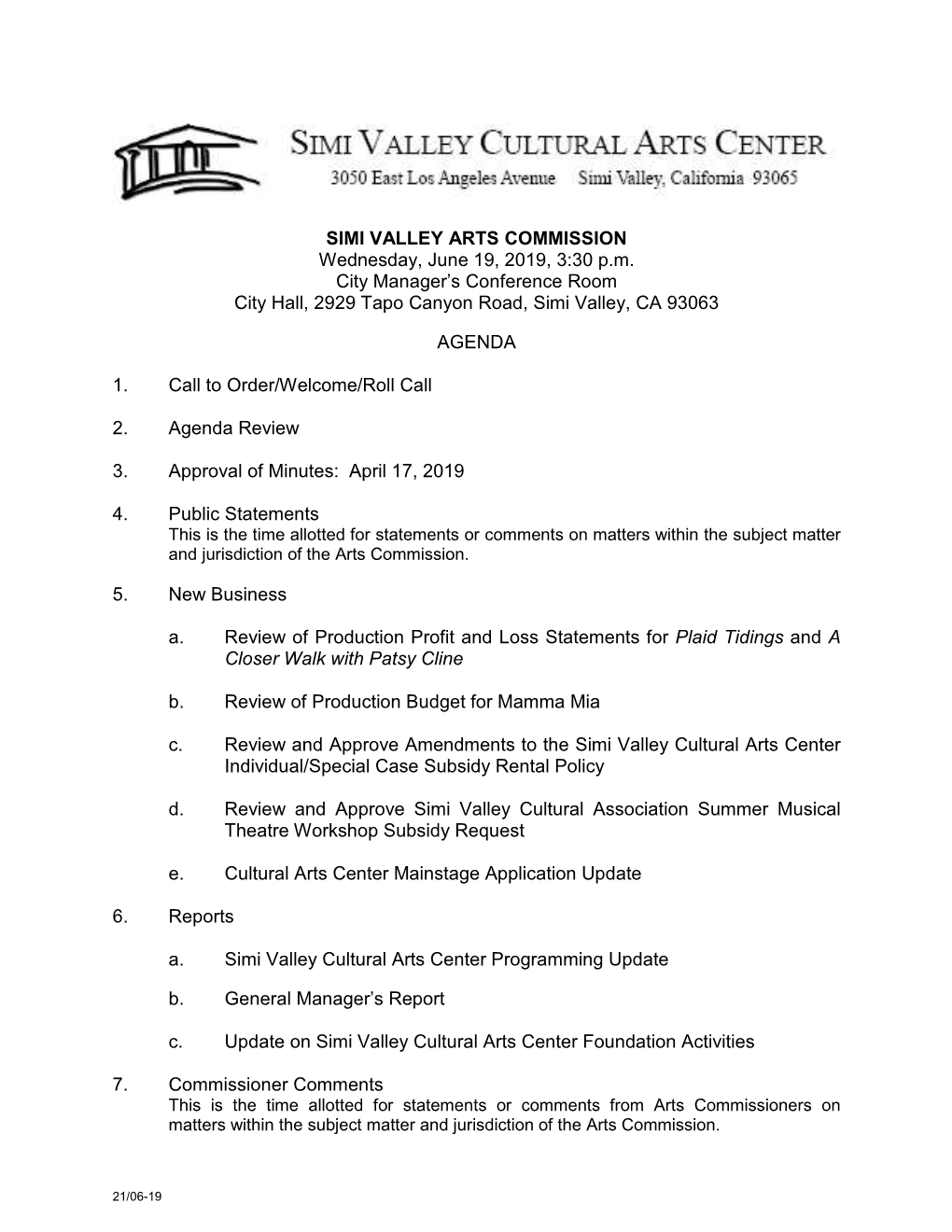 Simi Valley Arts Commission Meeting Agenda Packet