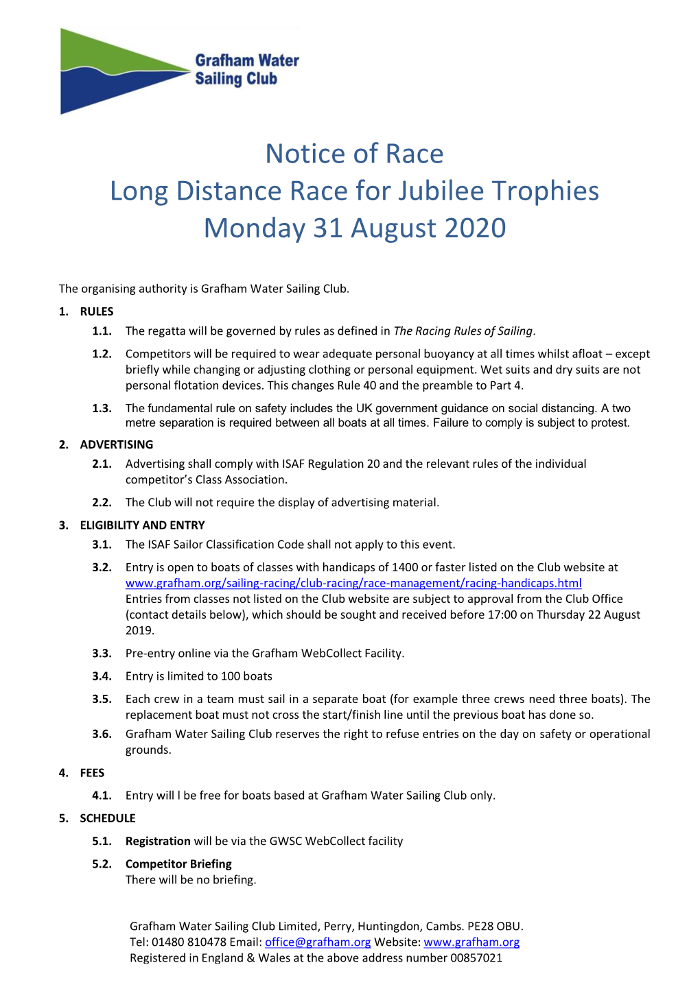 Notice of Race Long Distance Race for Jubilee Trophies Monday 31 August 2020
