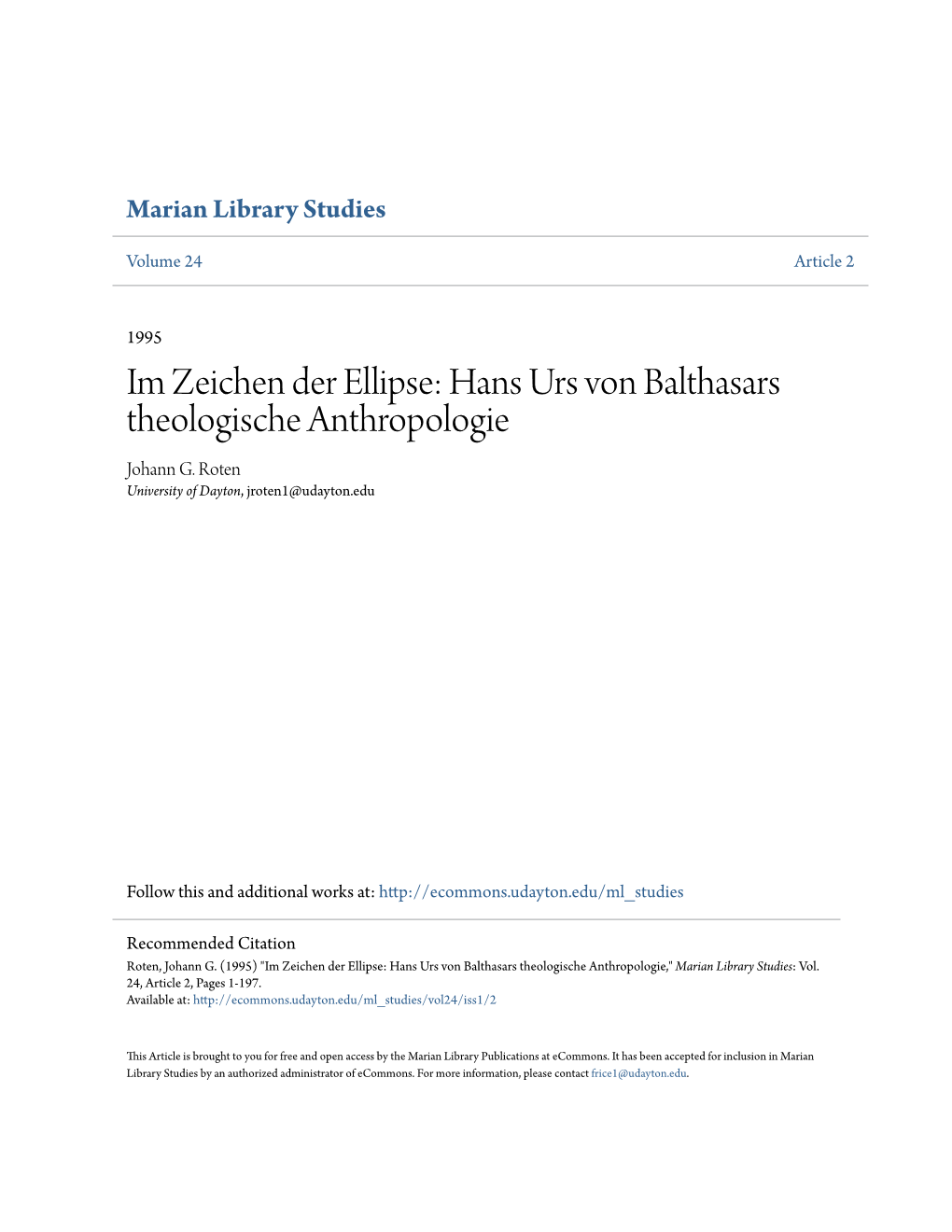 Hans Urs Von Balthasars Theologische Anthropologie Johann G