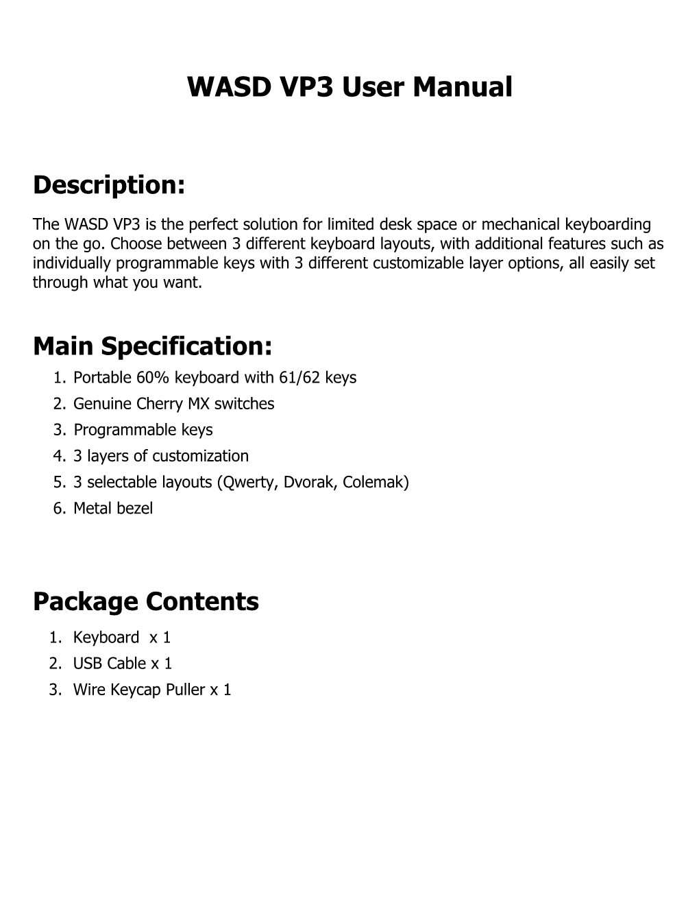 WASD VP3 User Manual