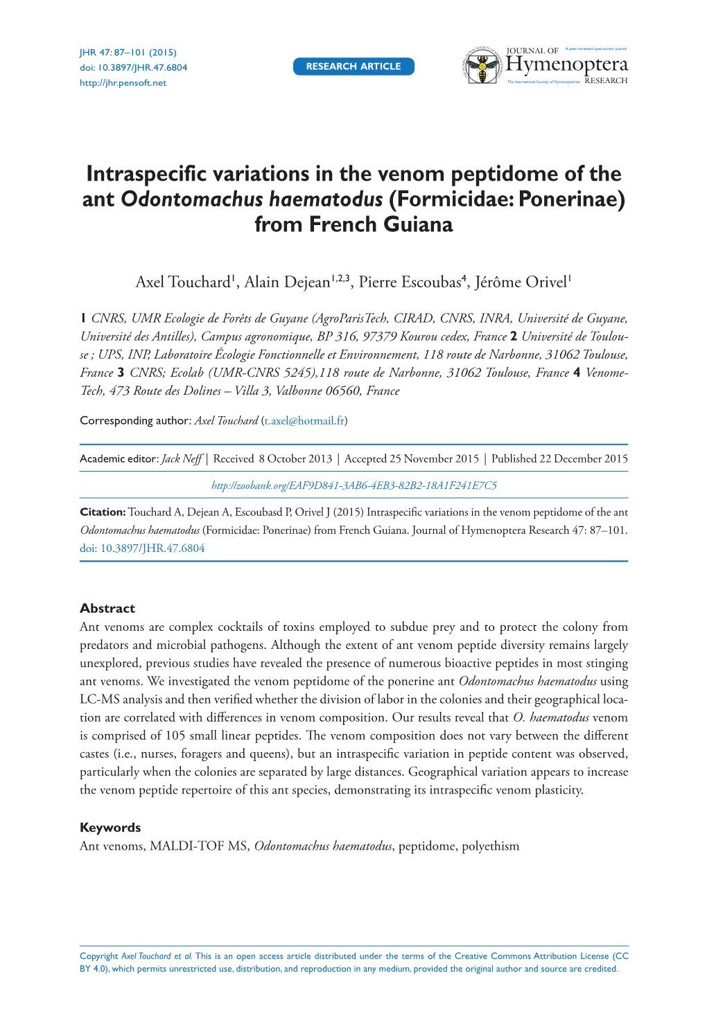 Intraspecific Variations in the Venom Peptidome of the Ant Odontomachus Haematodus (Formicidae: Ponerinae) from French Guiana