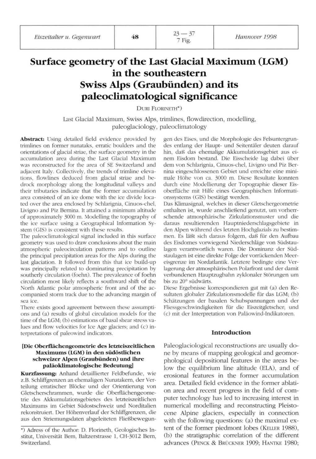 LGM) in the Southeastern Swiss Alps (Graubünden) and Its Paleoclimatological Significance