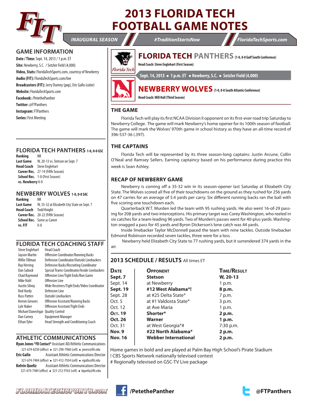 2013 Florida Tech Football Game Notes INAUGURAL SEASON #Traditionstartsnow Floridatechsports.Com