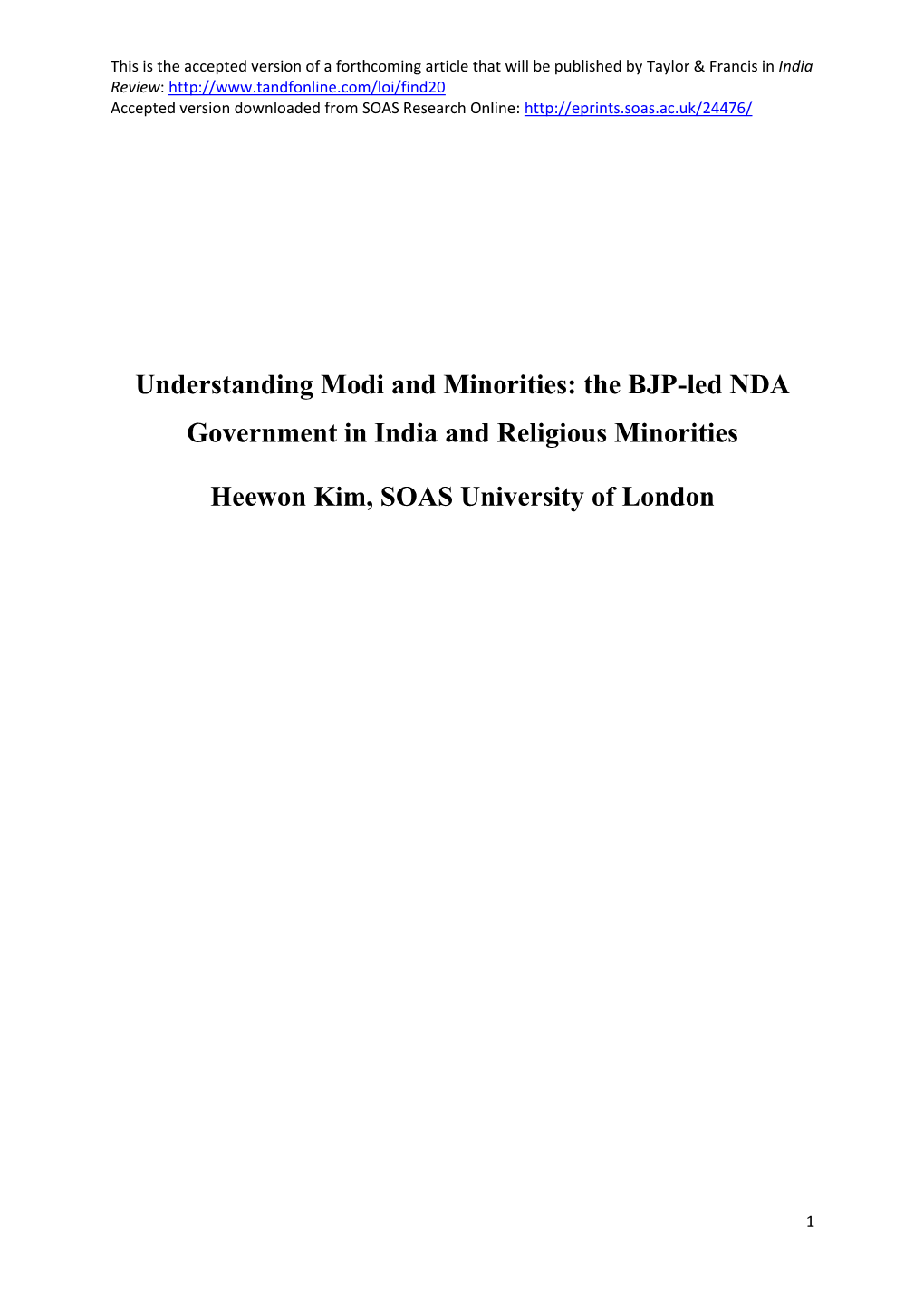 Understanding Modi and Minorities: the BJP-Led NDA Government in India and Religious Minorities