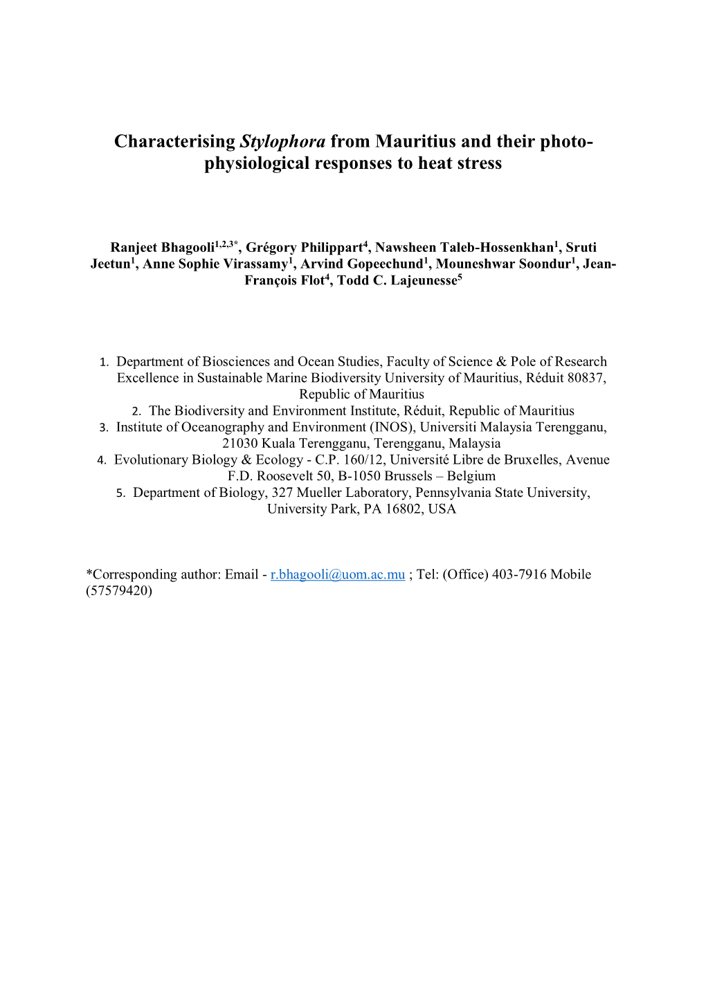 Characterising Stylophora from Mauritius and Their Photo- Physiological Responses to Heat Stress