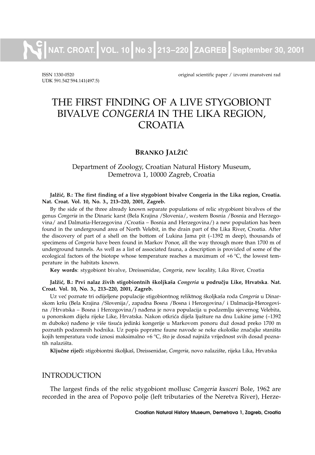 The First Finding of a Live Stygobiont Bivalve Congeria in the Lika Region, Croatia