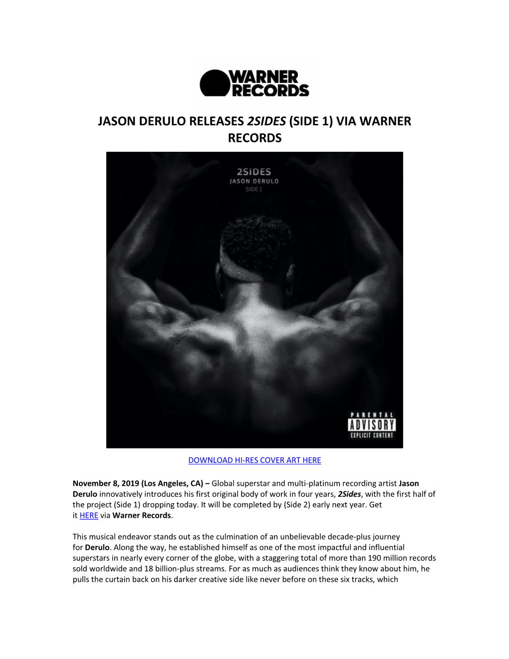 Jason Derulo Releases 2Sides (Side 1) Via Warner Records