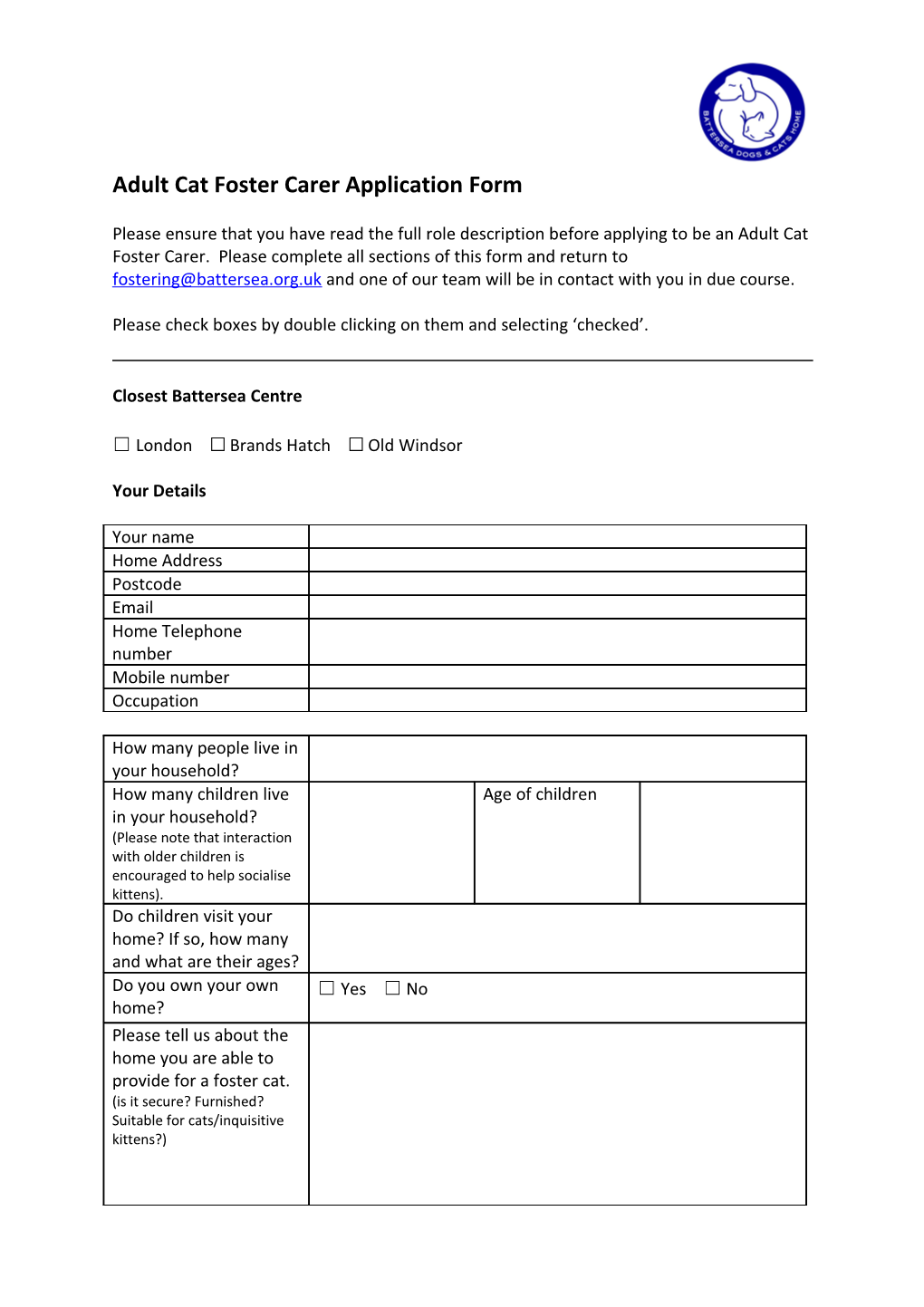 Adult Cat Foster Carer Application Form