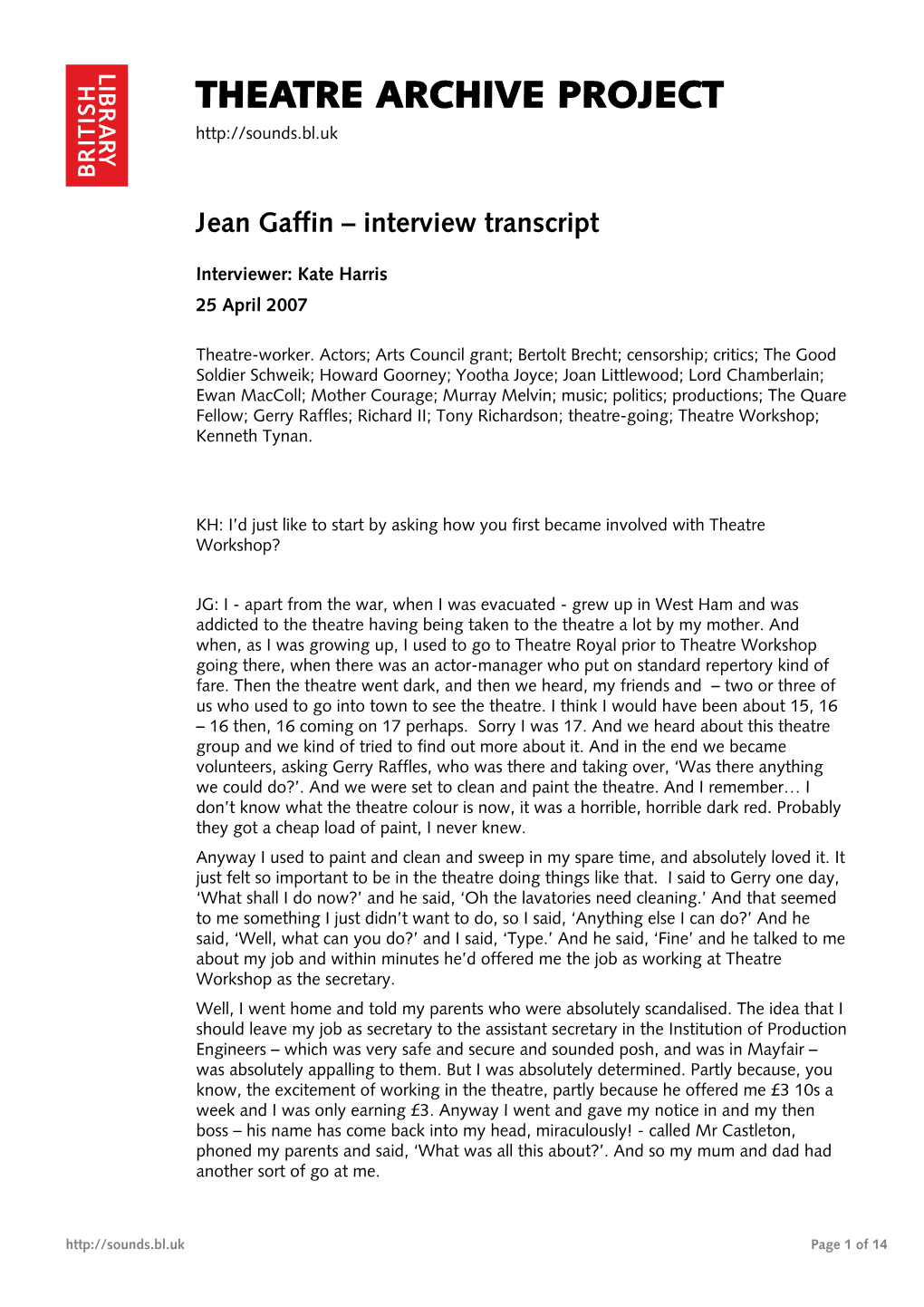 Theatre Archive Project: Interview with Jean Gaffin