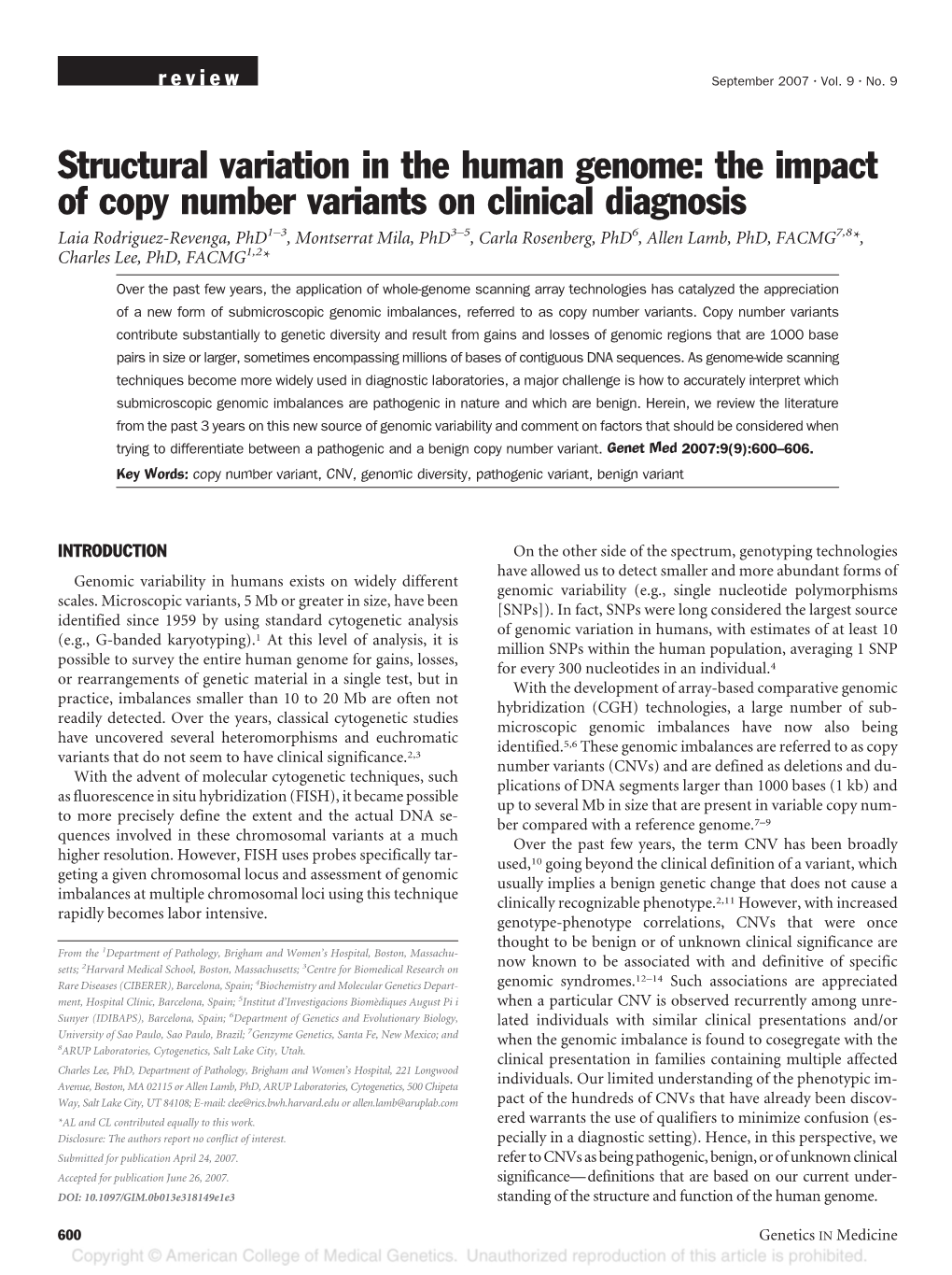 Structural Variation in the Human Genome: the Impact of Copy Number Variants on Clinical Diagnosis