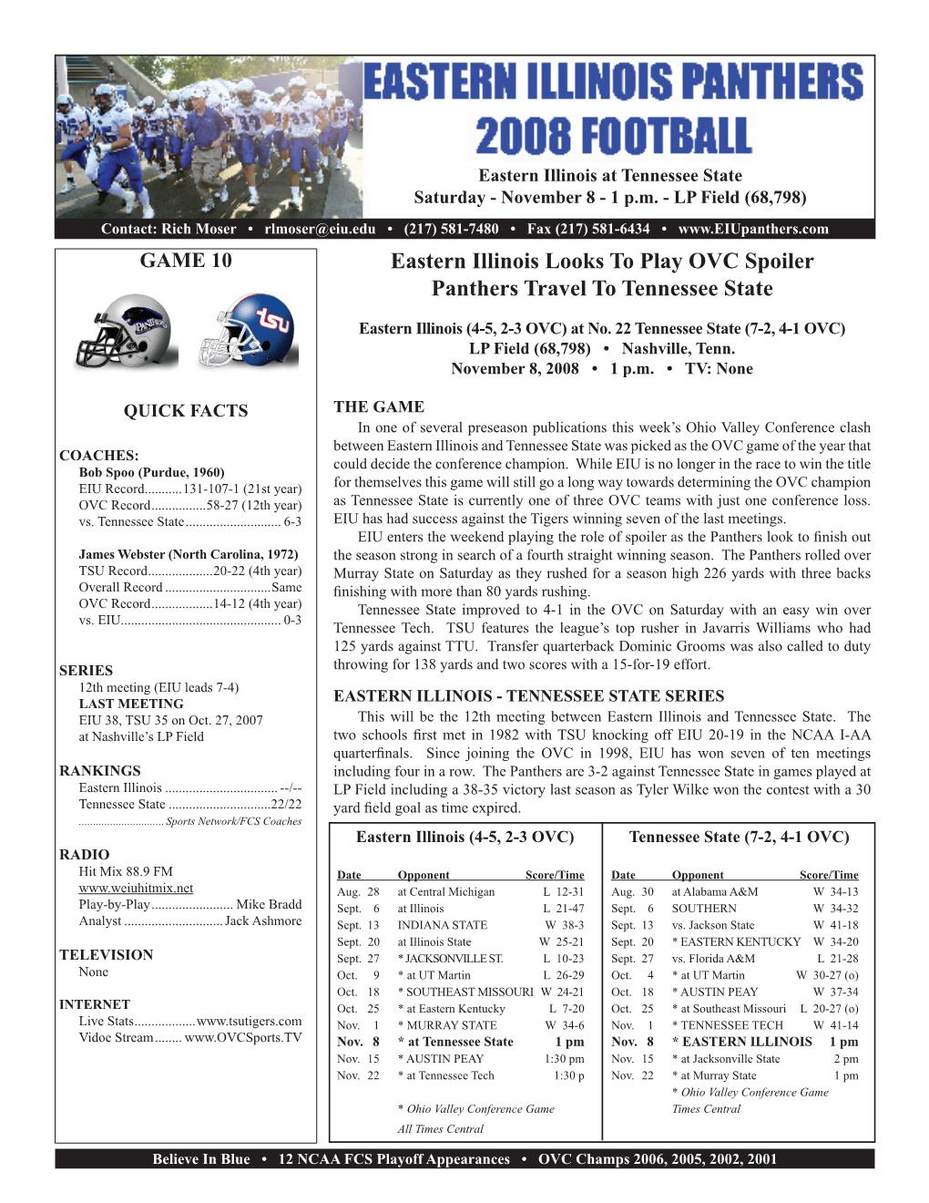 Eastern Illinois Looks to Play OVC Spoiler Panthers Travel to Tennessee State