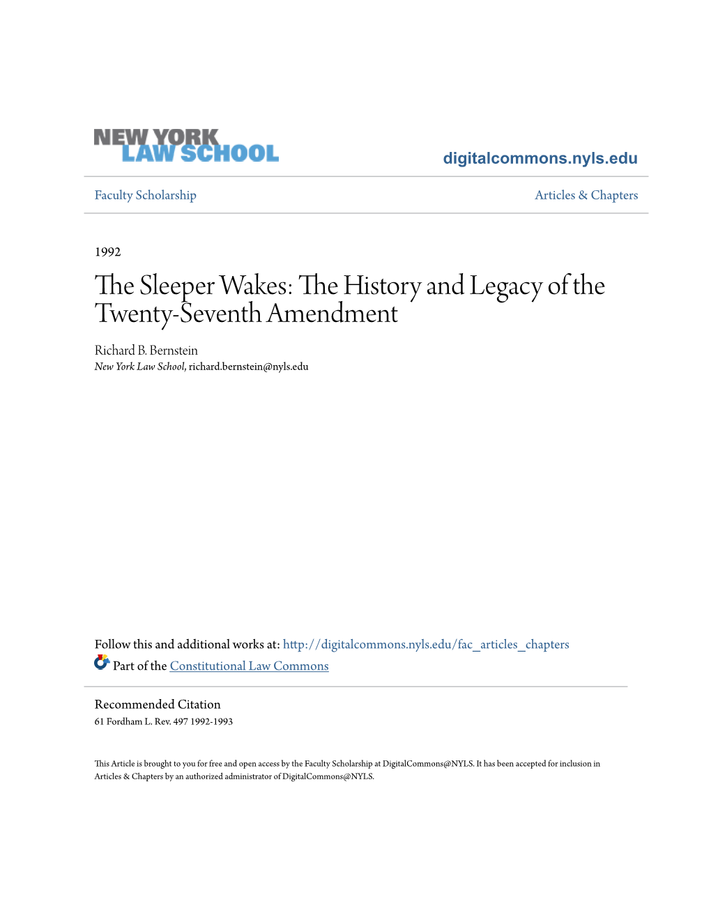 The History and Legacy of the Twenty-Seventh Amendment Richard B