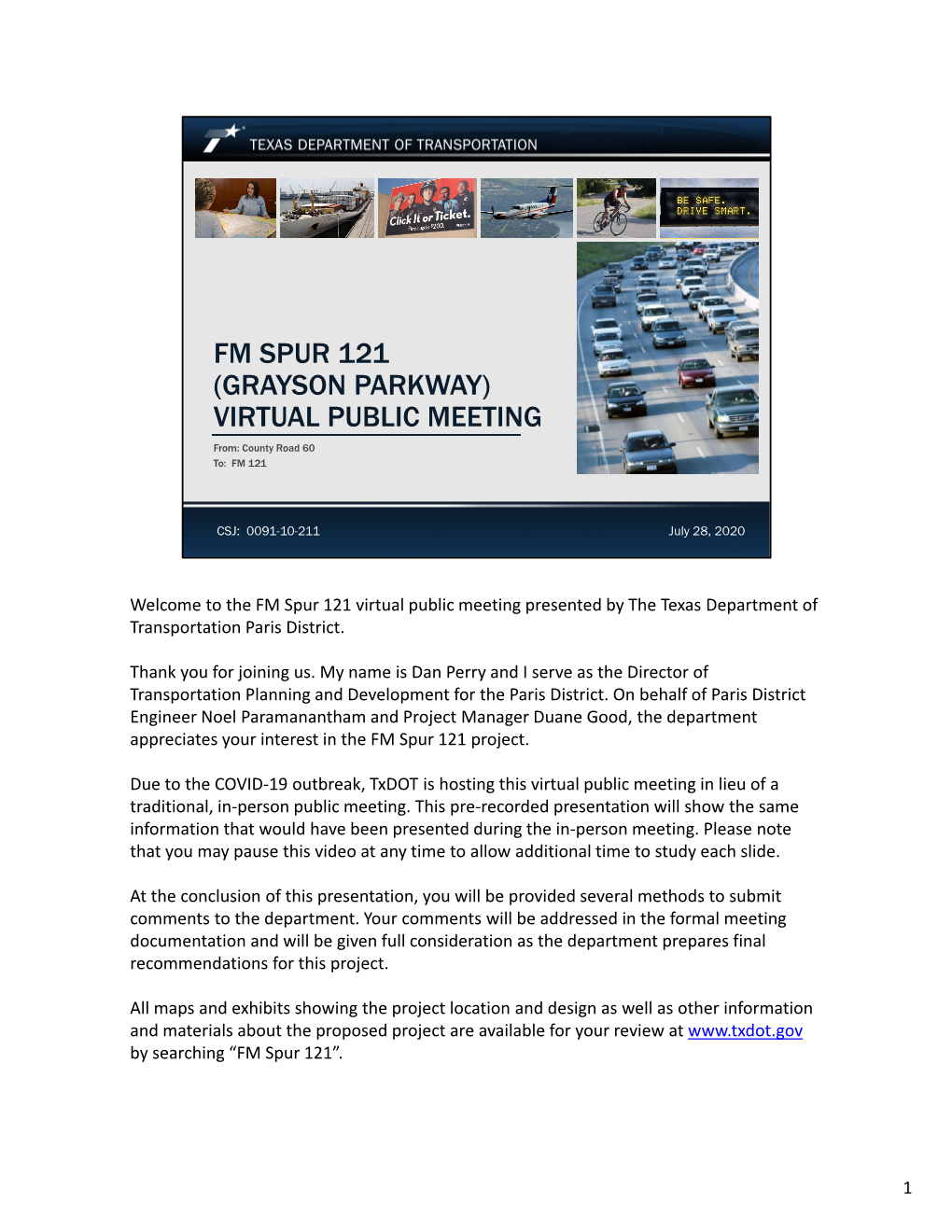 FM SPUR 121 (GRAYSON PARKWAY) VIRTUAL PUBLIC MEETING From: County Road 60 To: FM 121