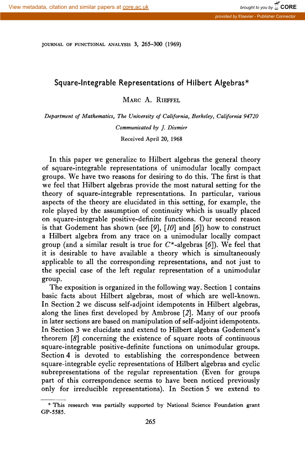 Square-Integrable Representations of Hilbert Algebras*