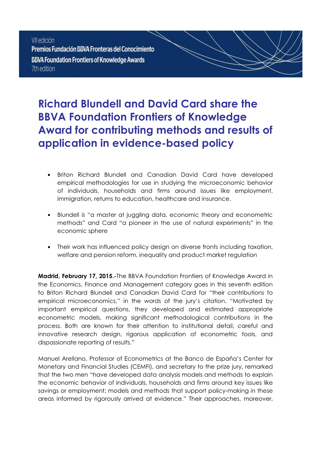 Richard Blundell and David Card Share the BBVA Foundation Frontiers of Knowledge Award for Contributing Methods and Results of Application in Evidence-Based Policy