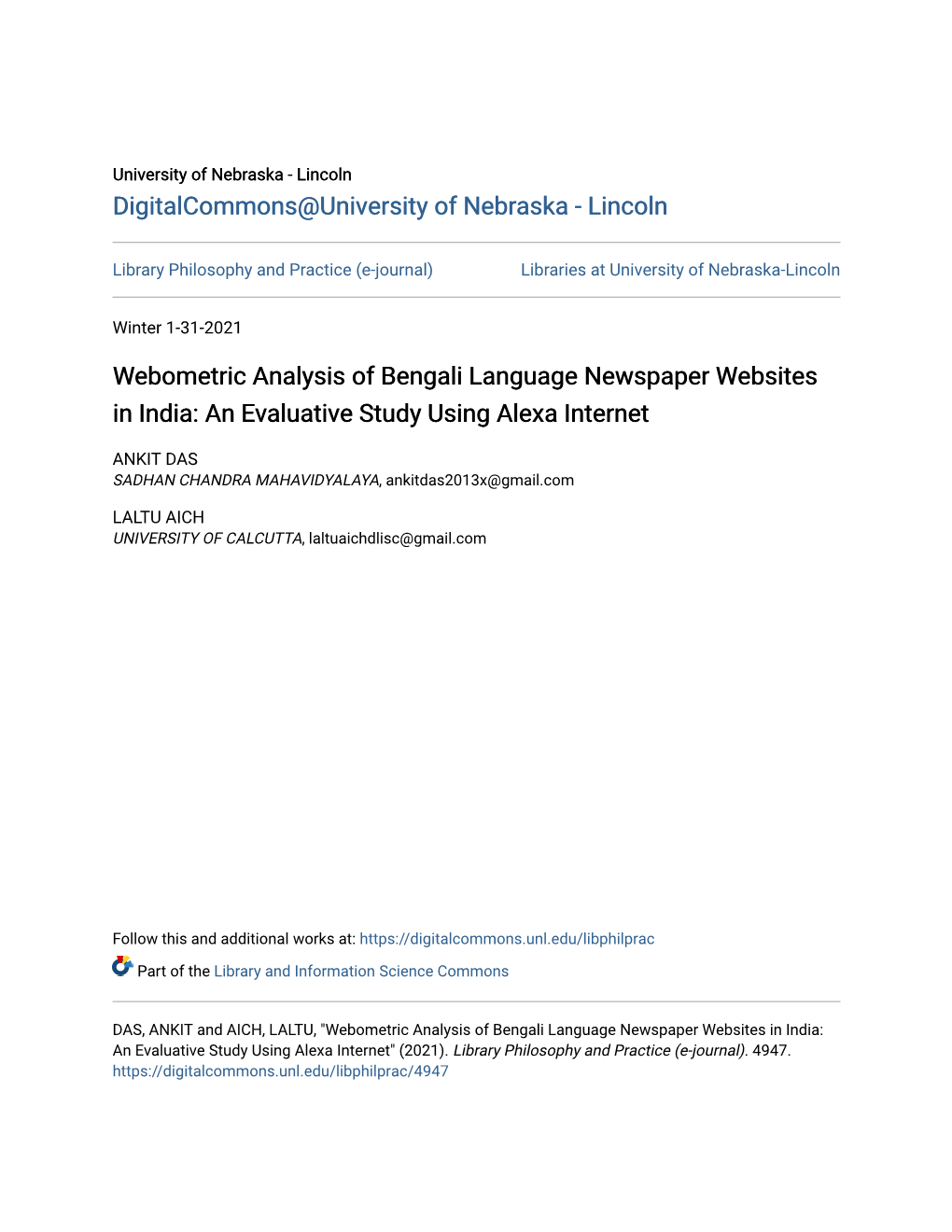 Webometric Analysis of Bengali Language Newspaper Websites in India: an Evaluative Study Using Alexa Internet